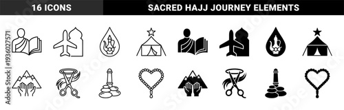 Islamic pilgrimage ritual symbols featuring hajj man reading quran plane over mosque dome zamzam water jug tent with star prayer hand and mountain