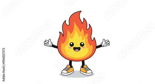 A single joyful cartoon fire flame character with orange shoes and white gloves extends its arms for a hug on a pristine white background.