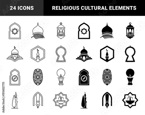 Islamic heritage symbol collection featuring hybrid designs of mosque dome with palm leaf and quran with minaret in outline and solid style