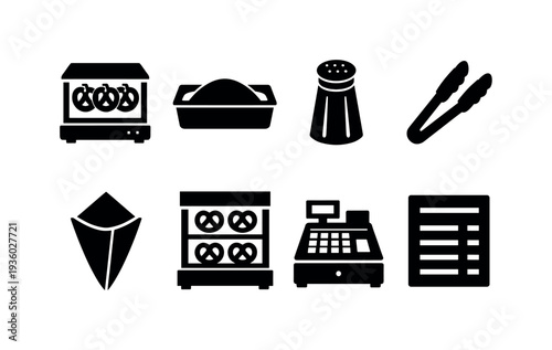 Collection of food service and bakery icons including pretzels, cash register, and tongs