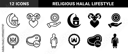 Islamic religious symbols and halal lifestyle icons featuring mosque crescent moon prayer beads sacrificial ram and pilgrimage silhouette in dual style