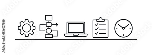 Business process icons: gear, flowchart, laptop, checklist, and clock on white background