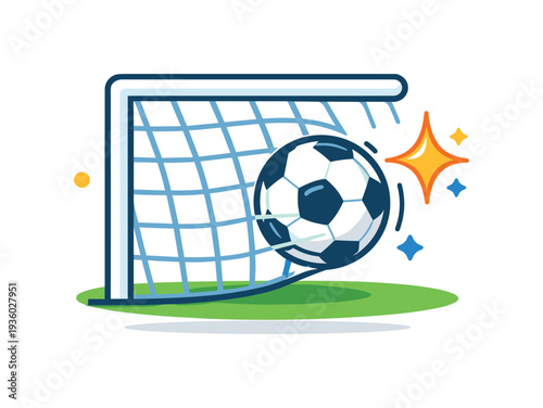 Soccer ball scoring a goal in a net with sparkling stars