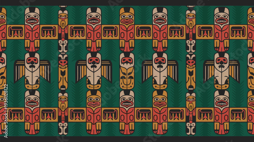 Vibrant totem pole pattern with colorful animal designs on green background