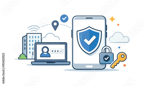 Digital security concept with smartphone, laptop, and padlock for online protection