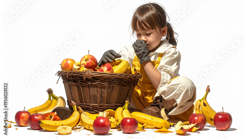 Young girl wearing gloves sorts apples and bananas in basket on white backdrop promoting healthy eating and lifestyle choices