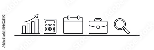 Business icons representing growth, finance, planning, and analysis on a white background