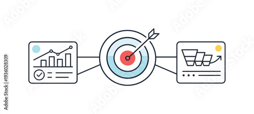 Business analytics and target marketing strategy with data charts and sales funnel