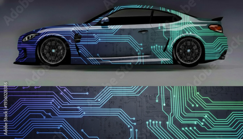 Sleek sports car featuring a vibrant blue and green circuit board graphic wrap design, showcasing modern automotive customization.