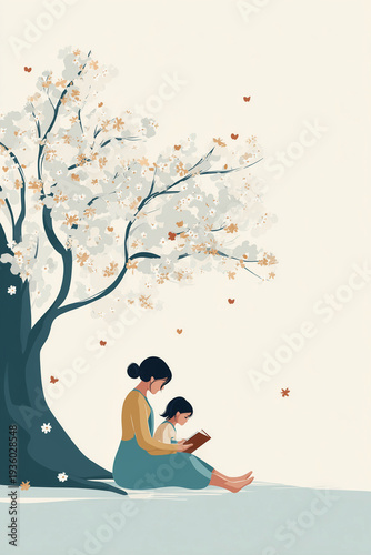 Flat naive vector illustration of a mother and child reading under a blooming tree, suitable for children's books, educational materials, or family-themed designs.