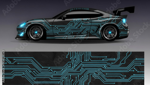 Sleek sports car with a vibrant blue circuit board graphic wrap, showcasing modern automotive customization and technology.