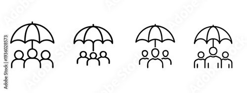 Life insurance and protection line icon set with people under umbrella, safety family security, risk management, health coverage more vector illustration or editable stroke.
