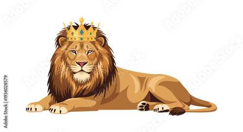 A majestic brown-maned lion wearing a golden crown is depicted lying down on a white background, gazing directly forward.