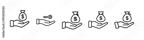 Hand holding money bag and key line icon set with outline palm, dollar sack financial loan investment, real estate property, cash donation more vector illustration or editable stroke.