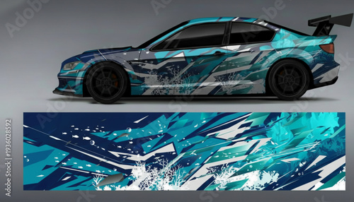Side view of a modern sedan car with a dynamic blue and teal abstract vinyl wrap design featuring geometric shapes and water splashes, displayed with the full graphic below.
