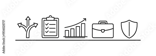 Business strategy icons: decision making, planning, growth, and security