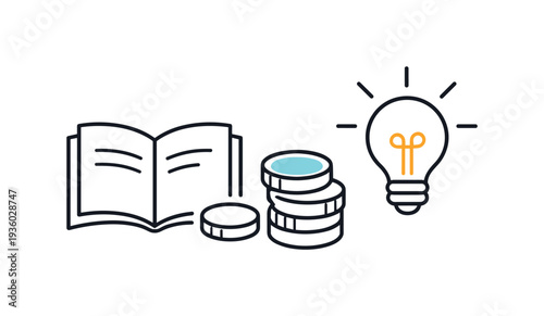 Open book, stack of coins, and glowing light bulb representing knowledge, finance, and innovation