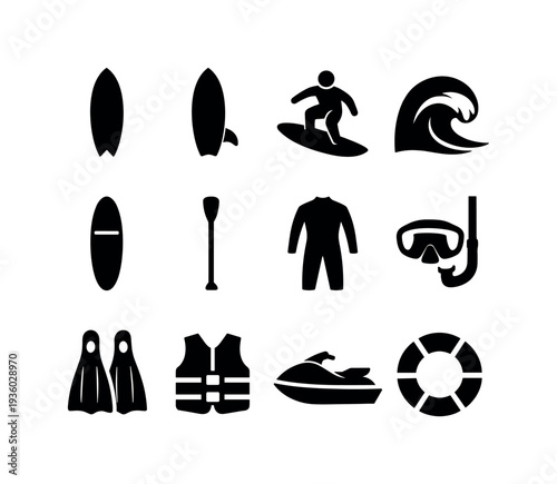 Water sports equipment icons including surfboard, paddleboard, wetsuit, and snorkel gear