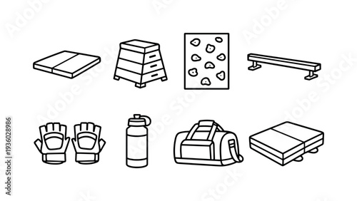 Gym equipment icons including a vaulting box, climbing wall, balance beam, and workout gear