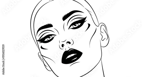Close-Up Beauty Portrait of Woman's Face with Dramatic Makeup Line Art on Isolated White Background