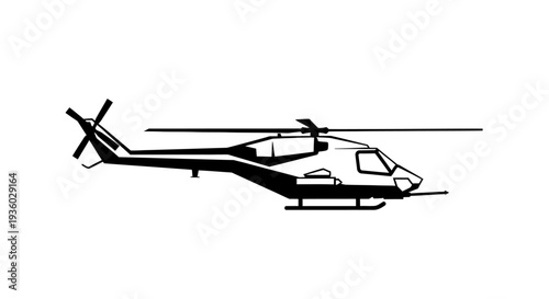 Modern Helicopter Silhouette Side View on Isolated White Background