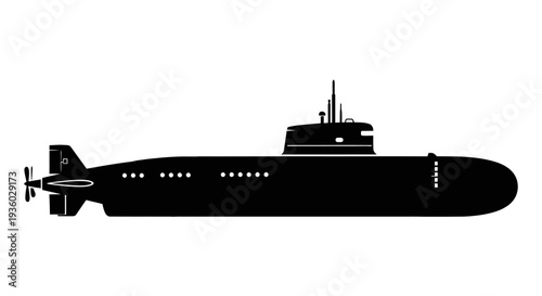 Military Submarine Silhouette Side View with Periscope on Isolated White Background