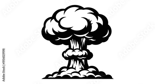 Destructive Nuclear Mushroom Cloud Explosion with Thick Smoke on Isolated White Background