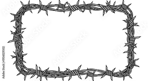 Barbed Wire Rectangular Frame Border with Sharp Spikes on Isolated White Background