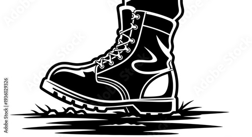 Powerful Military Combat Boot Stepping Firmly on Ground, Vector Illustration