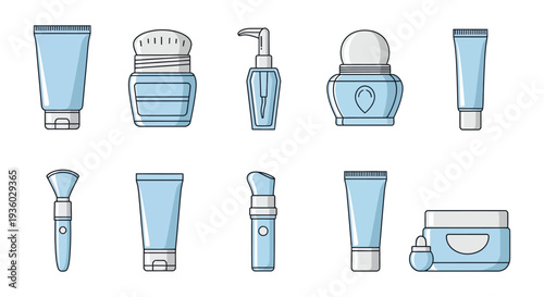 Collection of blue cosmetic products in various shapes and sizes.