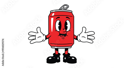 A cheerful red soda can cartoon character with wide-open arms, white gloves, and black shoes stands smiling on a plain white background.