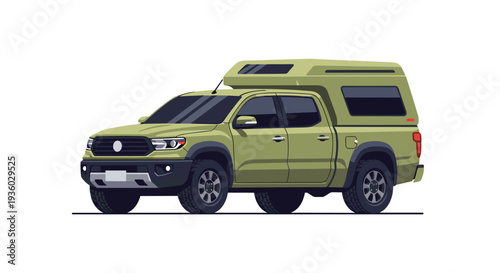 A modern olive-green pickup truck with an integrated camper shell is depicted in a front three-quarter view, showcasing its robust design and distinct features on a white background.