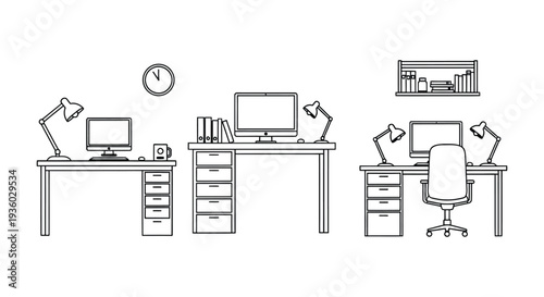 Three office workstations with computers and office supplies.