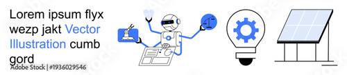 Artificial intelligence, renewable energy, technology, automation, innovation, sustainable energy. Robot with tools, solar panel lightbulb with gear. Renewable energy and artificial intelligence