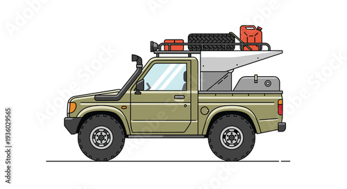 A detailed side-profile illustration showcases an olive-green off-road pickup truck, fully equipped with a roof rack, snorkel, and custom bed for overlanding adventures.