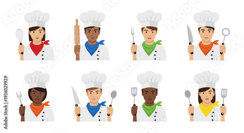 A diverse group of eight stylized chef characters, each wearing a white toque and uniform, holds various kitchen utensils against a clean white background.
