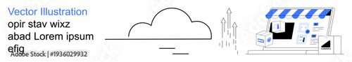 Cloud services, online shopping, e-commerce business, data security, digital storage, delivery. Line art of a cloud and storefront. Cloud services and online shopping concept