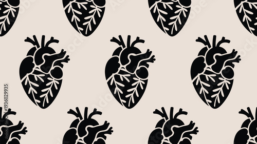 Seamless pattern of black anatomical hearts on beige background