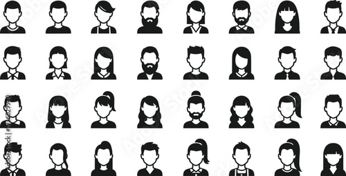 Avatar icons collection, diverse profile silhouettes, human head vector, minimalist character design, user identity illustration, hairstyle clothing variation graphics