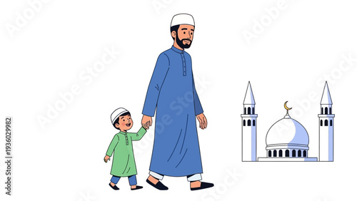Father and Son Walking to Mosque, Islamic Culture, City, Illustration, Family Bonding, Joyful Atmosphere