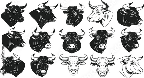 Bull head silhouettes, animal horn vector, powerful ox illustration, strong cattle design, aggressive bull art, logo concept, strength identity graphics