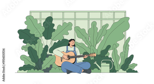 Person playing guitar surrounded by lush green plants.