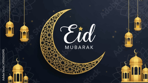Celebratory Eid Mubarak Design Featuring Crescent Moon and Lanterns in a Festive Atmosphere