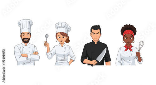 Four diverse animated chefs, two men and two women, are standing individually with kitchen tools against a clean white background.