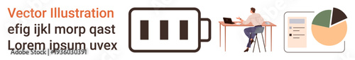 Productivity, energy management, remote work, data analysis, workflow efficiency, graphic design. Battery with charge icon, person at desk charts. Productivity and energy management concept