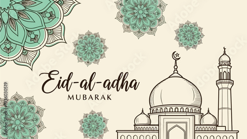 Eid-al-Adha Celebration, Mosque, Islamic Culture, Graphic Design, Festive Atmosphere, Colorful View, Artistic Concept