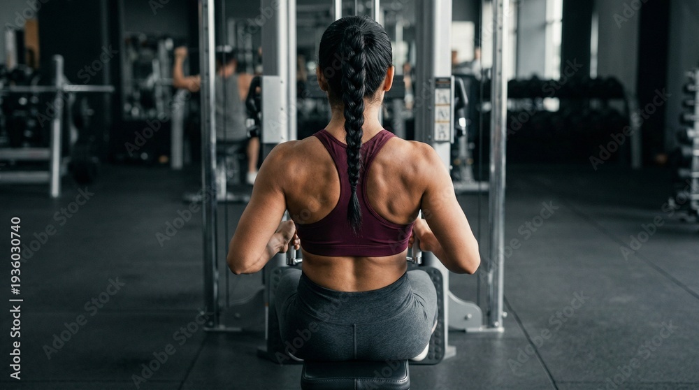 Fototapeta premium Strong Latina woman doing seated cable row back workout in gym.