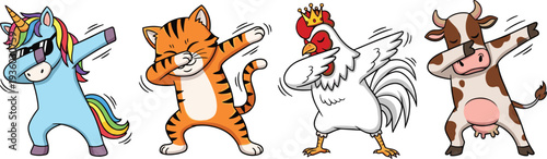 Cartoon animals dabbing, unicorn rainbow mane, tiger dance pose, rooster crown illustration, cow funny dance, humorous vector art, pop culture