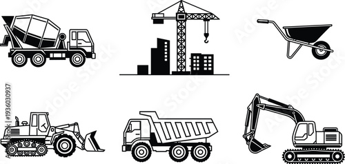 Construction vehicles, cement mixer truck, tower crane, wheelbarrow, bulldozer, dump truck, excavator, heavy machinery, civil engineering, building equipment, infrastructure