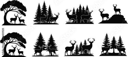 Deer forest silhouettes, wildlife illustration, nature scene, pine trees, deciduous forest, animal interaction, natural habitat, outdoor landscape, woodland, ecosystem